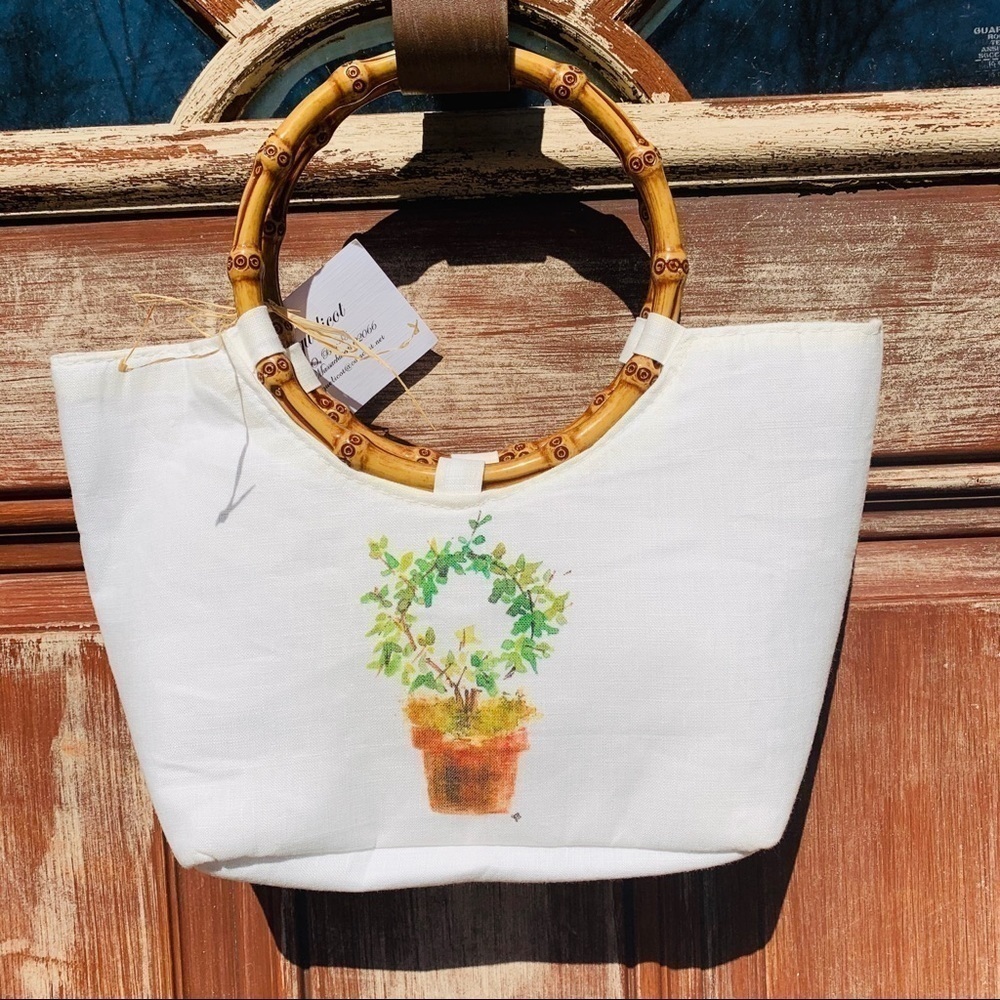 Coquelicot || NWT Bamboo Double Top Handle & Topiary White Small Satchel Bag